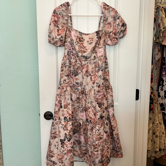 Floral Puff Sleeve Square Neck Midi Dress - Picture 2 of 6